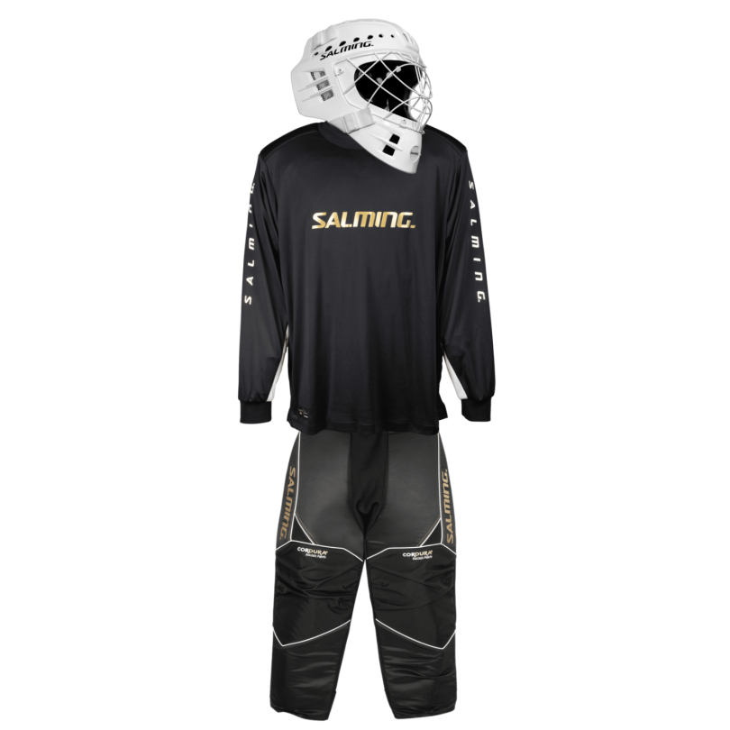 Salming Brankárský set React black/white + maska Salming Phoenix Elite Helmet White Shiny