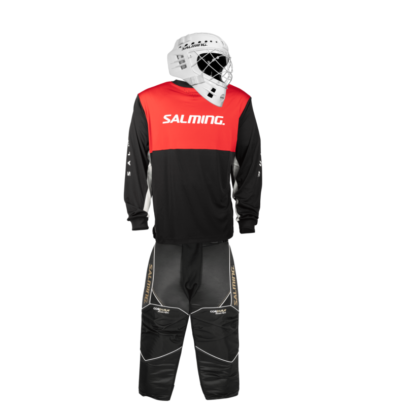 Salming Brankárský set React black/red + maska Salming Phoenix Elite Helmet White Shiny