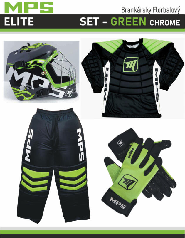 MPS ELITE brankársky set Green + maska Pro Flame - Green /Chrome + Florbalové rukavice MPS