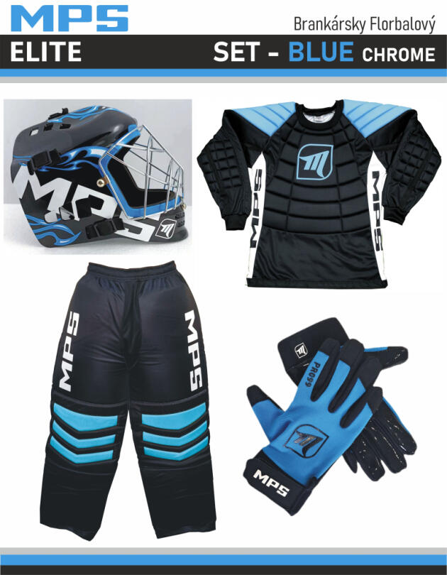 MPS ELITE brankársky set BLUE + maska Pro Flame - Blue/Chrome + Florbalové rukavice MPS