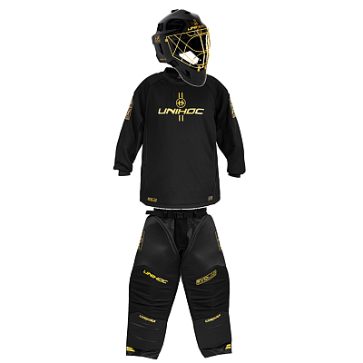 Unihoc Brankárský SET Alpha Evolab Black/gold + maska Unihoc Alpha Prime Evolab Gold