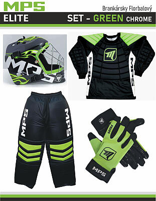 MPS ELITE brankársky set Green + maska Pro Flame - Green /Chrome + Florbalové rukavice MPS