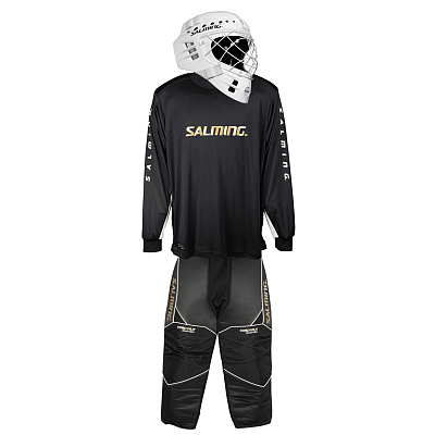 Salming Brankárský set React black/white + maska Salming Phoenix Elite Helmet White Shiny