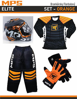 MPS ELITE brankársky set Orange + maska Pro Flame - Orange/Chrome + Florbalové rukavice MPS